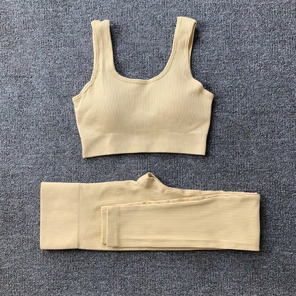 Conjunto de 2 piezas de traje de yoga con hilo, sujetador sin costuras y leggings de cintura alta para realce de glúteos para mujer, pantalones de yoga deportivos para fitness, ropa deportiva