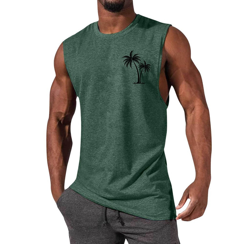 Chaleco con bordado de cocotero, camisetas sin mangas de playa de verano para hacer ejercicio, camiseta deportiva de fitness para hombres