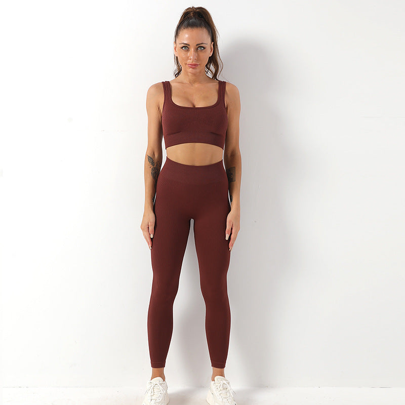 Conjunto de 2 piezas de traje de yoga con hilo, sujetador sin costuras y leggings de cintura alta para realce de glúteos para mujer, pantalones de yoga deportivos para fitness, ropa deportiva