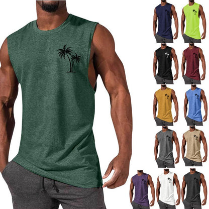 Chaleco con bordado de cocotero, camisetas sin mangas de playa de verano para hacer ejercicio, camiseta deportiva de fitness para hombres