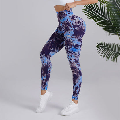 Pantalones de yoga con estampado tie-dye, pantalones de cintura alta sin costuras para levantar la cadera, pantalones deportivos para correr y fitness para mujer