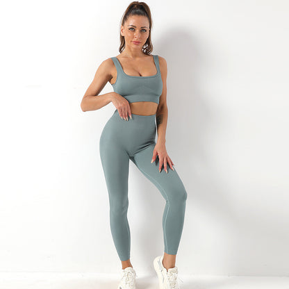 Conjunto de 2 piezas de traje de yoga con hilo, sujetador sin costuras y leggings de cintura alta para realce de glúteos para mujer, pantalones de yoga deportivos para fitness, ropa deportiva