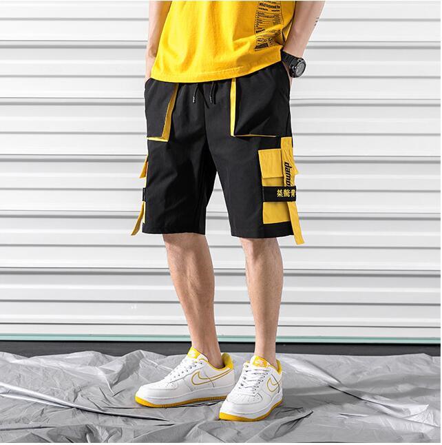 Pantalones cortos de hip hop para hombre, pantalones cortos elásticos casuales negros para uso urbano