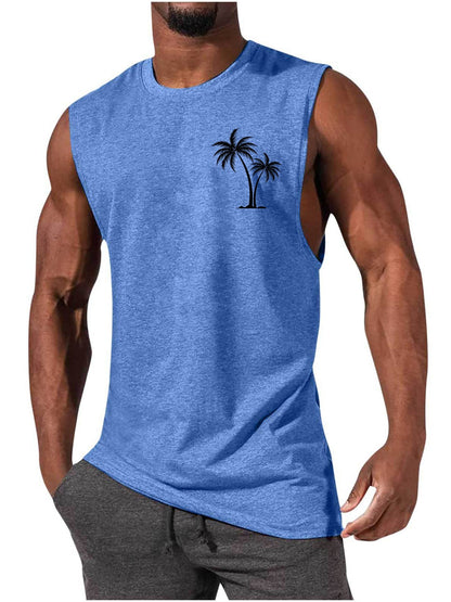 Chaleco con bordado de cocotero, camisetas sin mangas de playa de verano para hacer ejercicio, camiseta deportiva de fitness para hombres