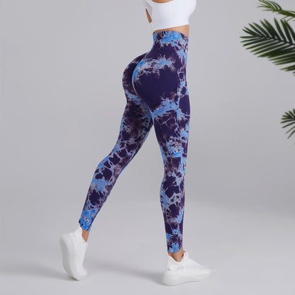 Pantalones de yoga con estampado tie-dye, pantalones de cintura alta sin costuras para levantar la cadera, pantalones deportivos para correr y fitness para mujer