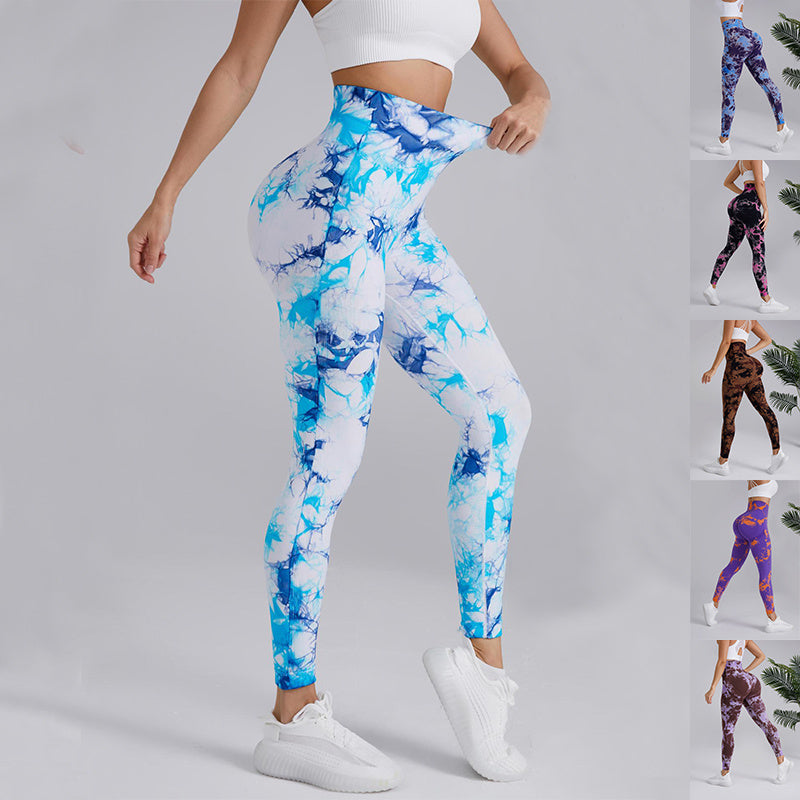 Pantalones de yoga con estampado tie-dye, pantalones de cintura alta sin costuras para levantar la cadera, pantalones deportivos para correr y fitness para mujer