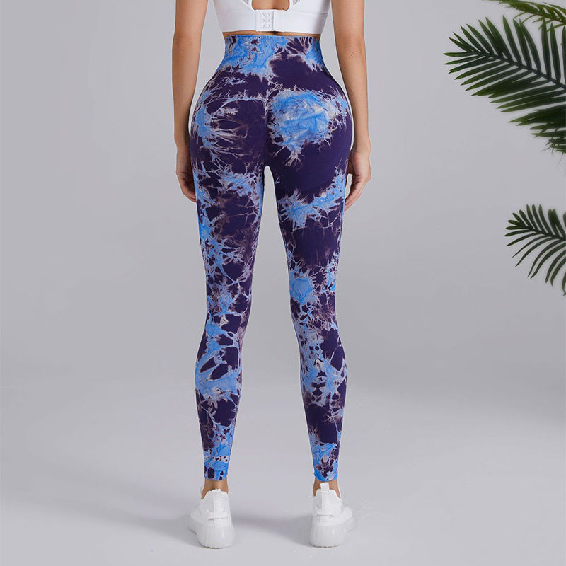 Pantalones de yoga con estampado tie-dye, pantalones de cintura alta sin costuras para levantar la cadera, pantalones deportivos para correr y fitness para mujer