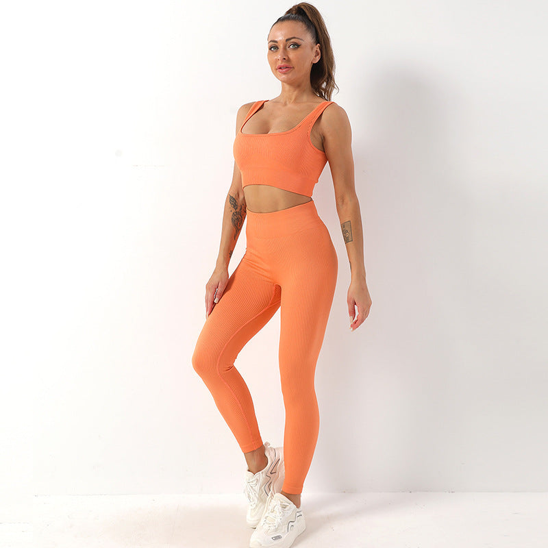 Conjunto de 2 piezas de traje de yoga con hilo, sujetador sin costuras y leggings de cintura alta para realce de glúteos para mujer, pantalones de yoga deportivos para fitness, ropa deportiva