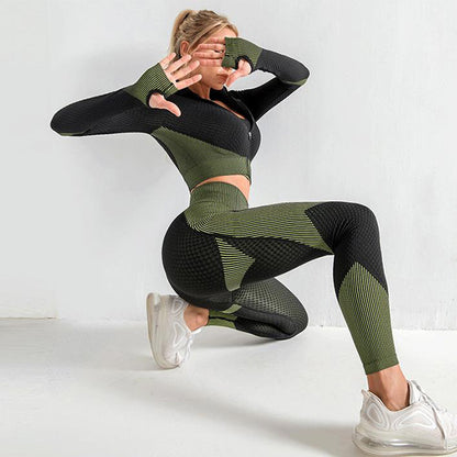 Conjunto de 3 piezas de yoga, conjunto deportivo sin costuras, ropa de gimnasio para mujer, leggings, top corto, sujetador deportivo, conjunto de gimnasio para mujer, conjuntos de chándal para mujer