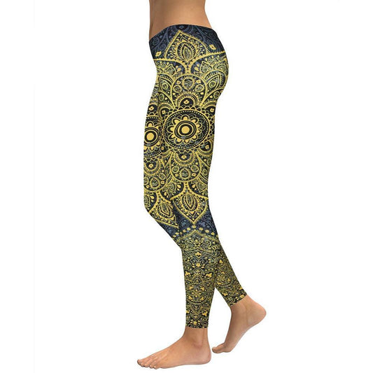 Mallas de yoga y entrenamiento con mandalas en oro amarillo 