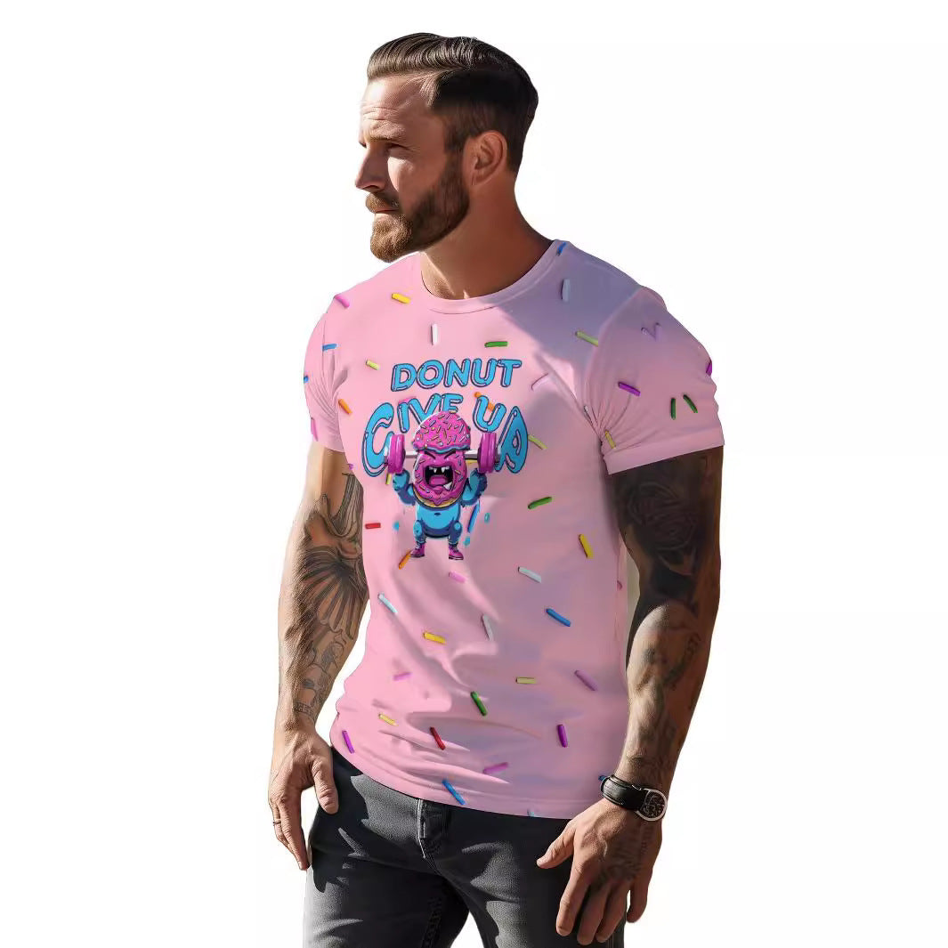 Camiseta holgada para hombre con estampado 3D de levantamiento de pesas y donuts de estilo europeo y americano