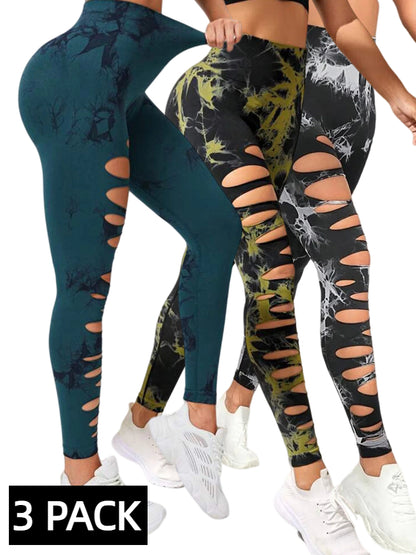 3 PACK Butt Lifting Yoga Gym Athletic Pants, Hollow Out Tummy Control Sports Leggings Tie Dye Running Pants