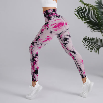 Pantalones de yoga con estampado tie-dye, pantalones de cintura alta sin costuras para levantar la cadera, pantalones deportivos para correr y fitness para mujer