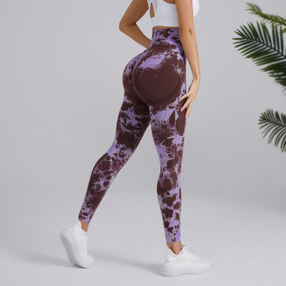 Pantalones de yoga con estampado tie-dye, pantalones de cintura alta sin costuras para levantar la cadera, pantalones deportivos para correr y fitness para mujer