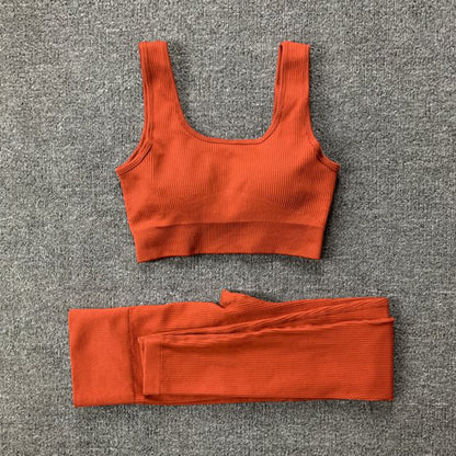 Conjunto de 2 piezas de traje de yoga con hilo, sujetador sin costuras y leggings de cintura alta para realce de glúteos para mujer, pantalones de yoga deportivos para fitness, ropa deportiva