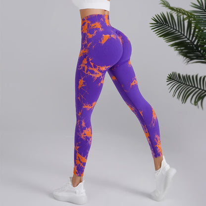 Pantalones de yoga con estampado tie-dye, pantalones de cintura alta sin costuras para levantar la cadera, pantalones deportivos para correr y fitness para mujer