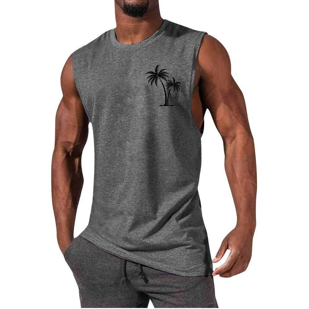 Chaleco con bordado de cocotero, camisetas sin mangas de playa de verano para hacer ejercicio, camiseta deportiva de fitness para hombres