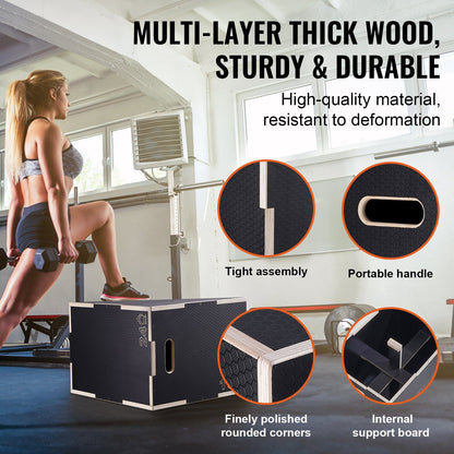 3-in-1 Wooden Plyo Box - 24/20/16 Inch Plyometric Jump Platform