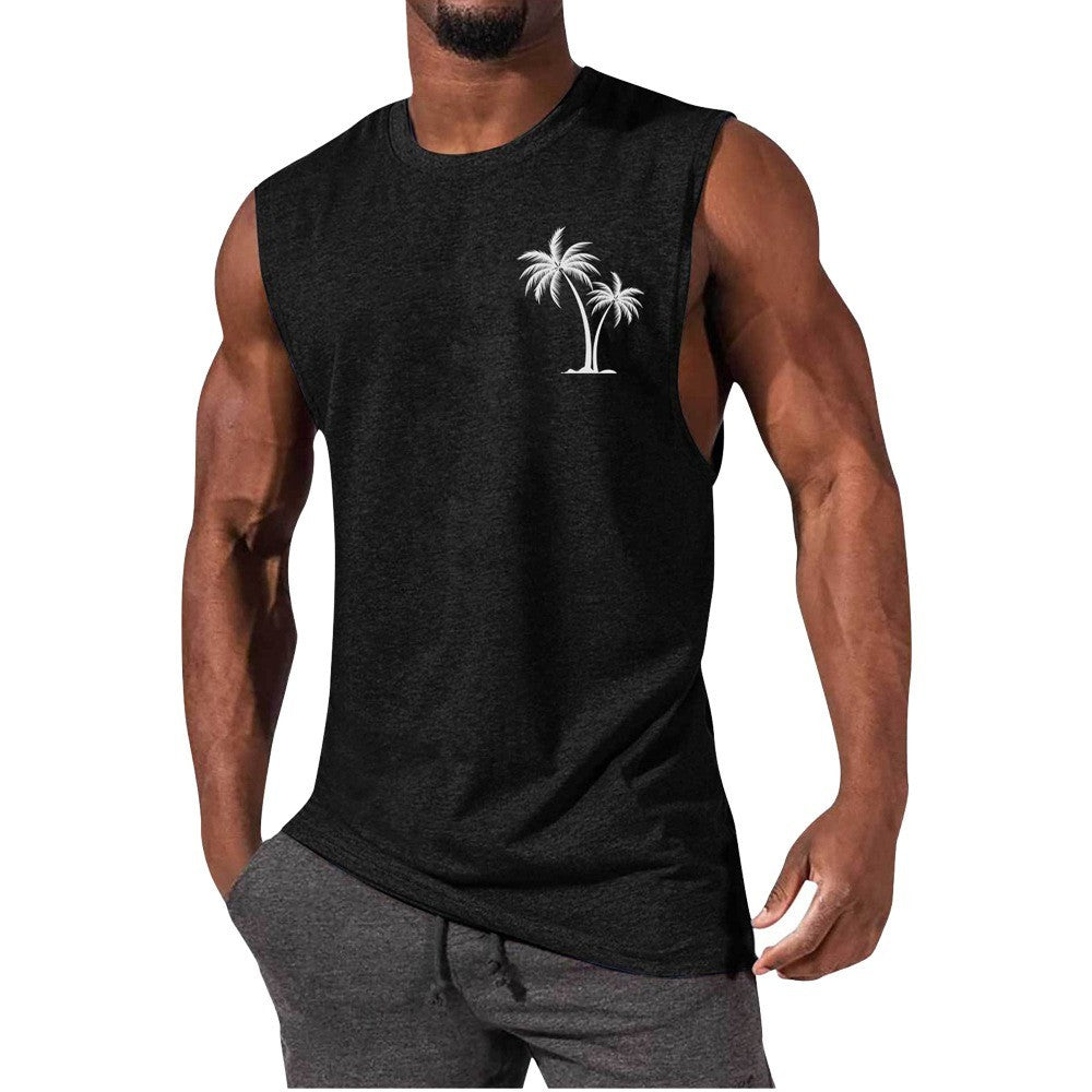 Chaleco con bordado de cocotero, camisetas sin mangas de playa de verano para hacer ejercicio, camiseta deportiva de fitness para hombres