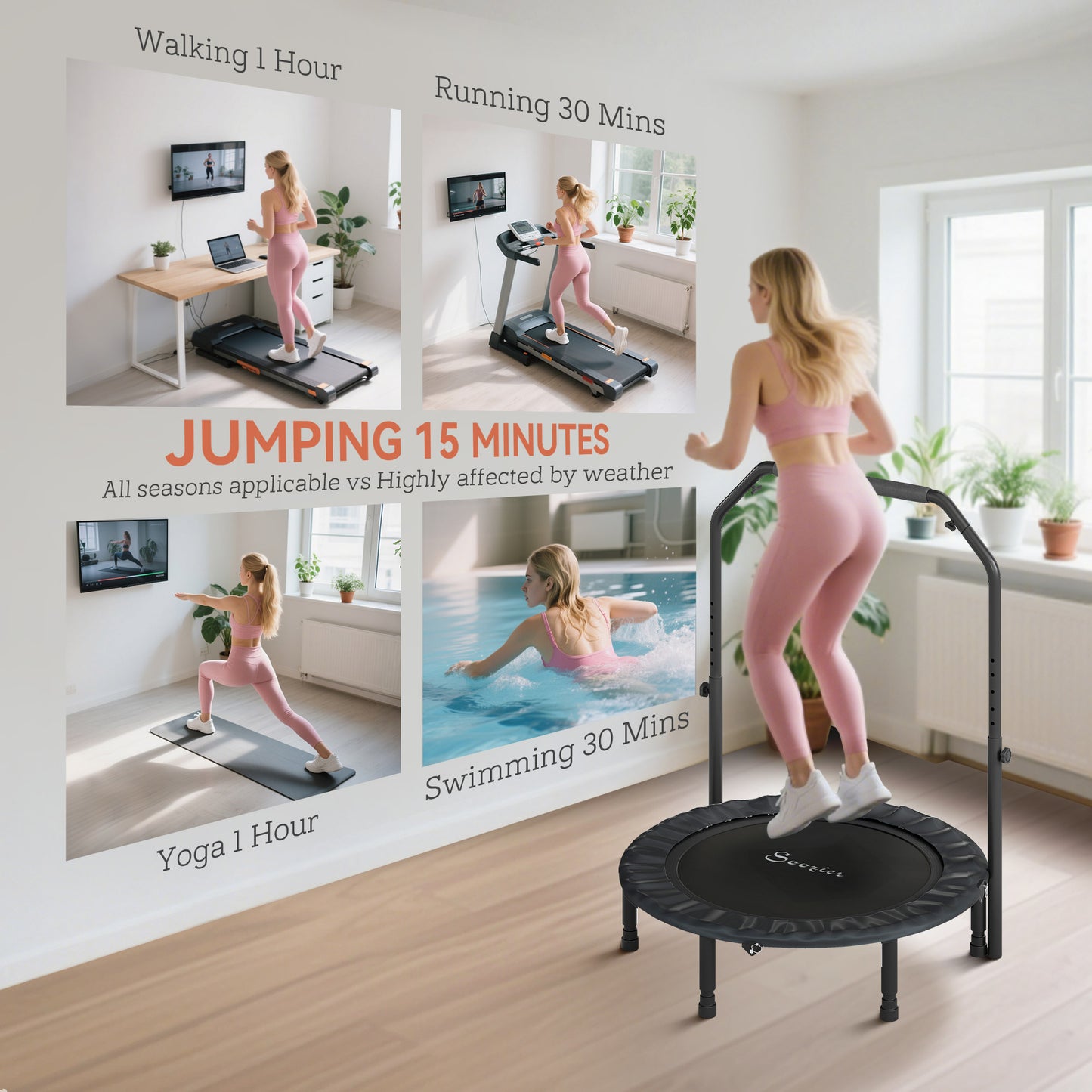 40" Foldable Rebounder Trampoline for Adults - Adjustable Handlebar & 330 lb Capacity