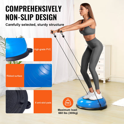 Half Exercise Ball Trainer, 23 Inch Balance Ball Trainer, 660lbs Capacity Stability Ball, Yoga Ball With Resistance Bands & Foot Pump, Strength Fitness Ball For Home Gym, Full Body Workout, Blue