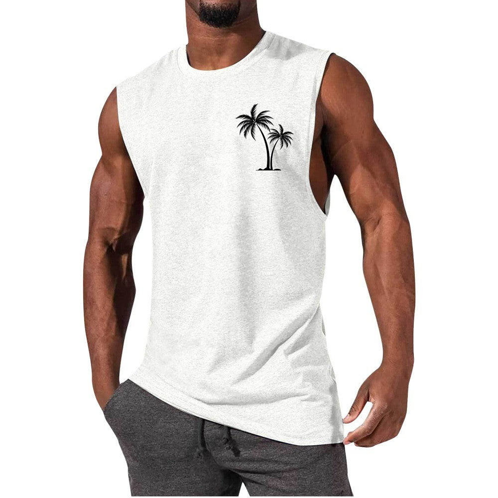 Chaleco con bordado de cocotero, camisetas sin mangas de playa de verano para hacer ejercicio, camiseta deportiva de fitness para hombres