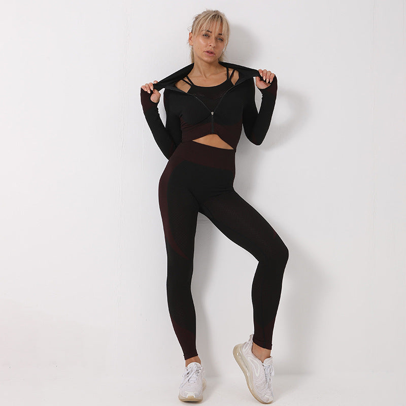 Conjunto de 3 piezas de yoga, conjunto deportivo sin costuras, ropa de gimnasio para mujer, leggings, top corto, sujetador deportivo, conjunto de gimnasio para mujer, conjuntos de chándal para mujer