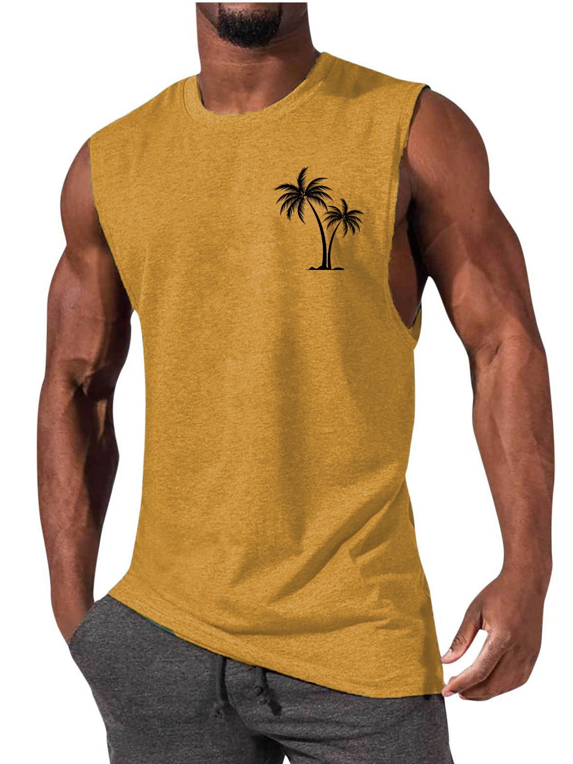 Chaleco con bordado de cocotero, camisetas sin mangas de playa de verano para hacer ejercicio, camiseta deportiva de fitness para hombres