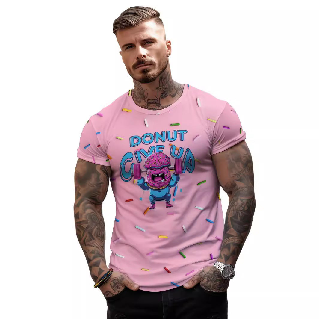 Camiseta holgada para hombre con estampado 3D de levantamiento de pesas y donuts de estilo europeo y americano