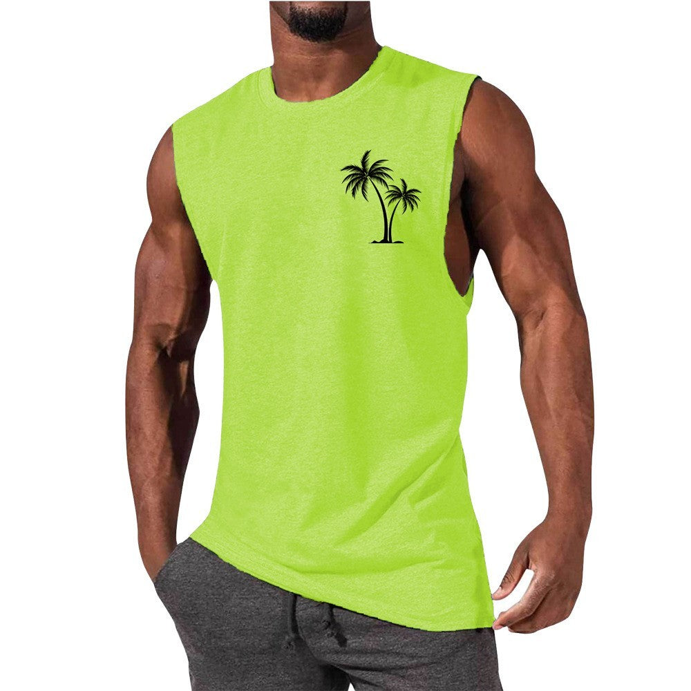 Chaleco con bordado de cocotero, camisetas sin mangas de playa de verano para hacer ejercicio, camiseta deportiva de fitness para hombres