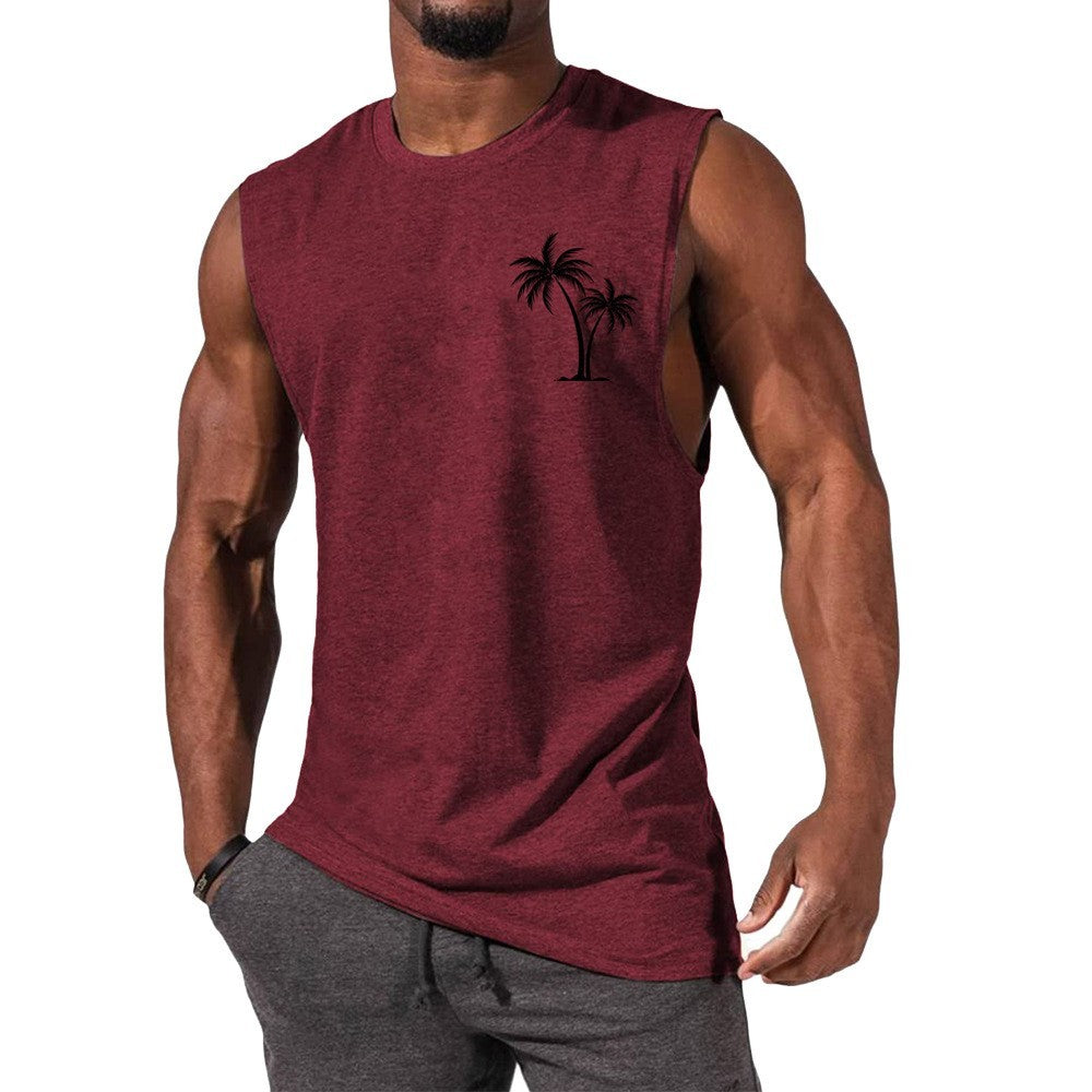 Chaleco con bordado de cocotero, camisetas sin mangas de playa de verano para hacer ejercicio, camiseta deportiva de fitness para hombres