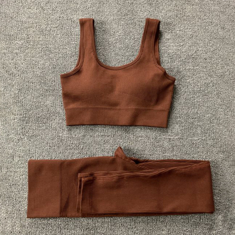 Conjunto de 2 piezas de traje de yoga con hilo, sujetador sin costuras y leggings de cintura alta para realce de glúteos para mujer, pantalones de yoga deportivos para fitness, ropa deportiva