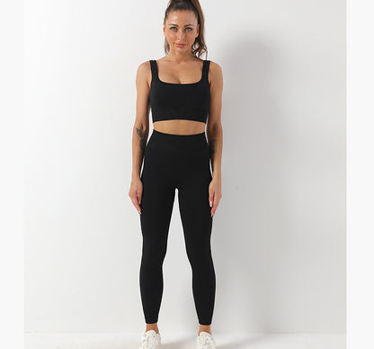 Conjunto de 2 piezas de traje de yoga con hilo, sujetador sin costuras y leggings de cintura alta para realce de glúteos para mujer, pantalones de yoga deportivos para fitness, ropa deportiva