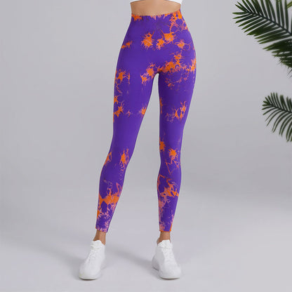 Pantalones de yoga con estampado tie-dye, pantalones de cintura alta sin costuras para levantar la cadera, pantalones deportivos para correr y fitness para mujer