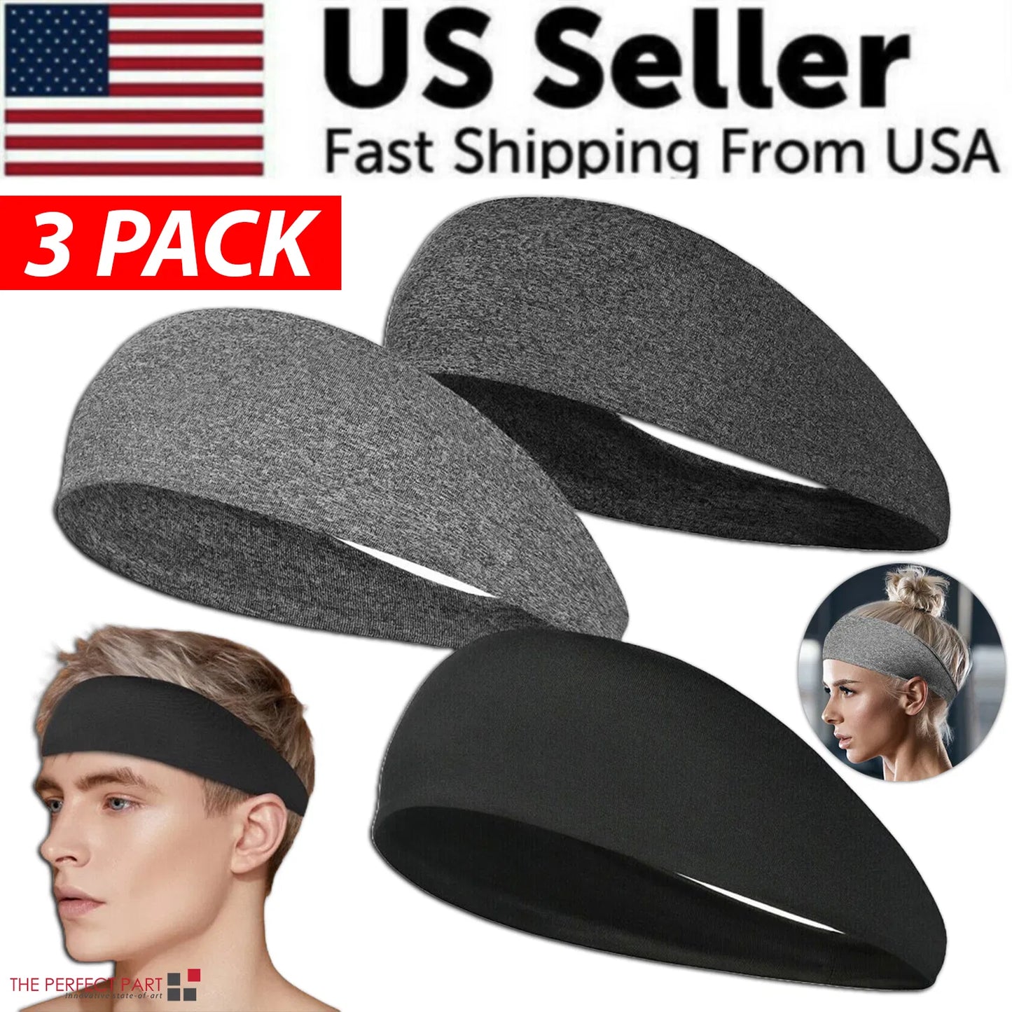 Sports Headbands 3-Pack - Non-Slip Sweat Wicking