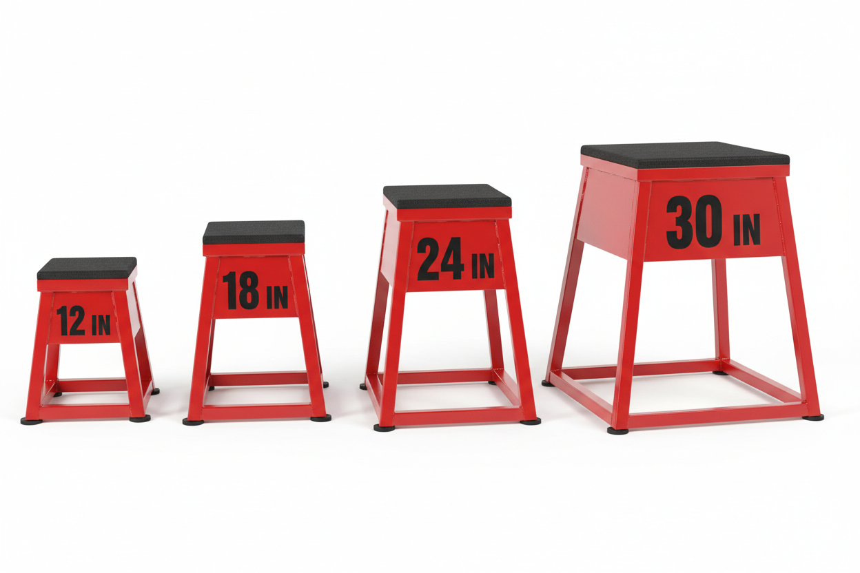 Professional metal plyometric jump platforms showing all 4 heights - 12, 18, 24, and 30 inches