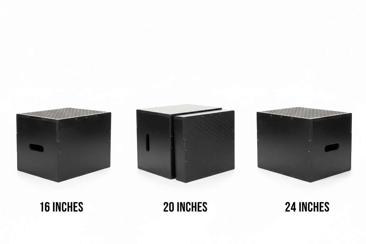 3-in-1 wooden plyo box showing all three height options - 16, 20, and 24 inches