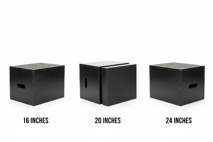 3-in-1 wooden plyo box showing all three height options - 16, 20, and 24 inches
