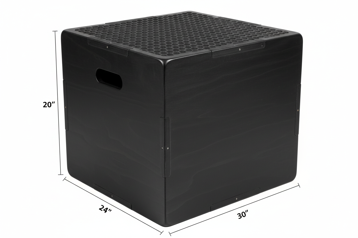 Black wooden plyometric box with honeycomb anti-slip pattern and side handles