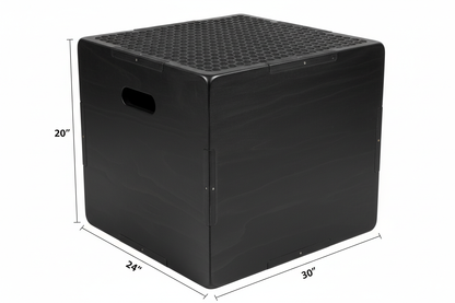 Black wooden plyometric box with honeycomb anti-slip pattern and side handles